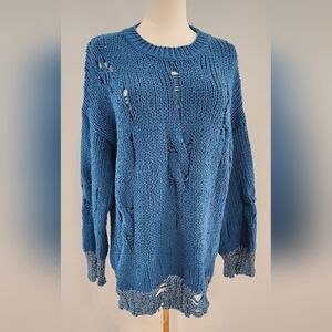 Umgee Distressed Chenille Pullover Knit Sweater Silver Thread Trim Size M